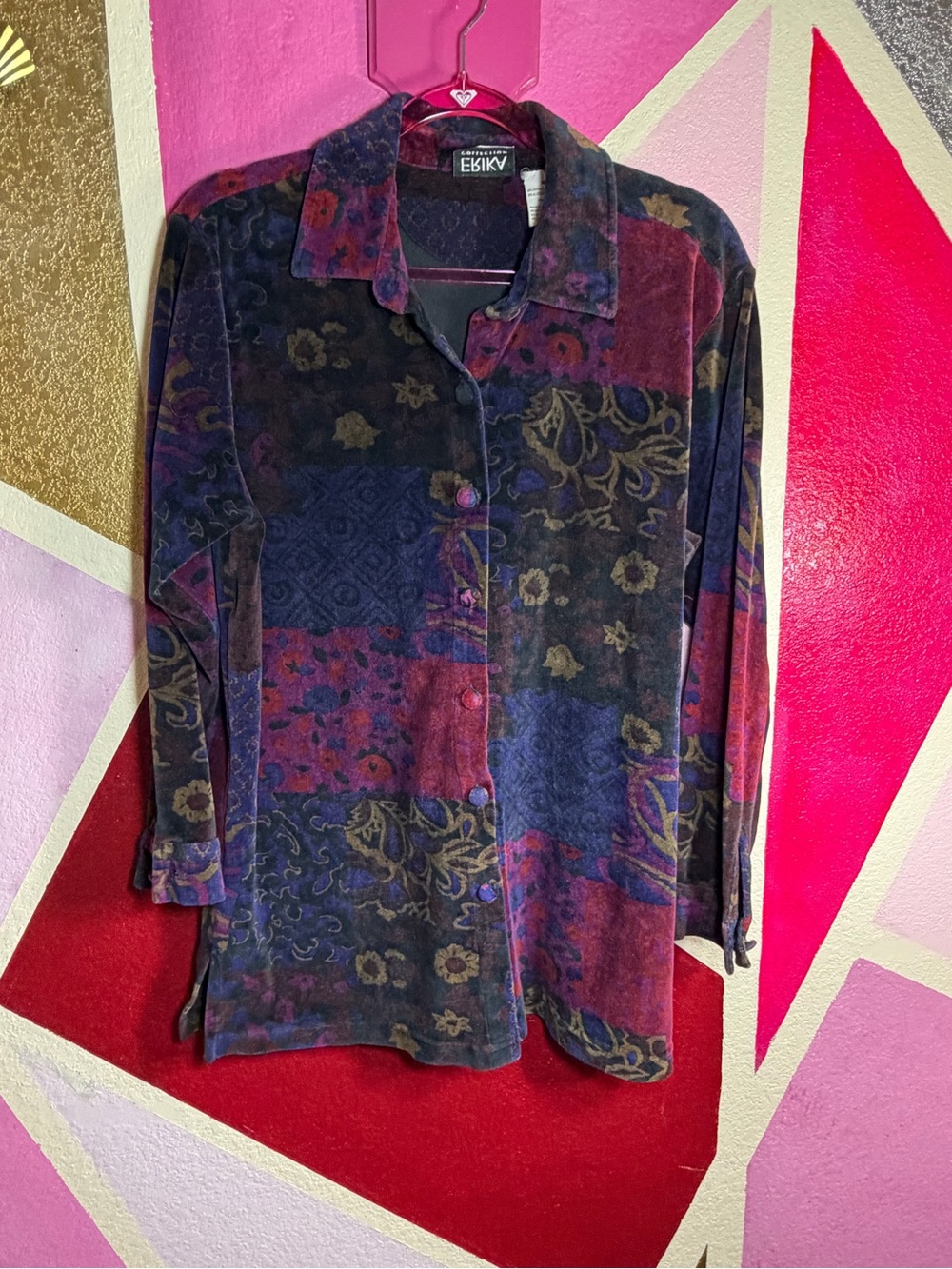 Vintage Collection Erika Velvet Patchwork Tunic Sz M Boho Button Up